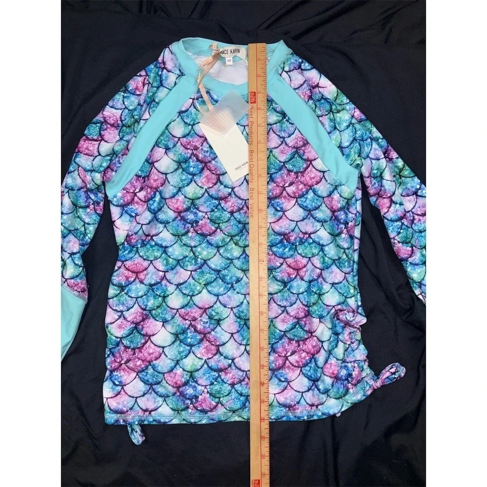 Grace Karin Girls Rash Guard Swim Top Size 14 Mermaid Scales Long Sleeve UPF 50+